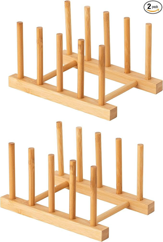 HBlife 2pcs Bamboo Dish Plate Bowl Cup Book Pot Lid Cutting Board Drying Rack Stand Drainer Storage Holder Organizer Kitchen Cabinet（Keep Dry） by HBlife