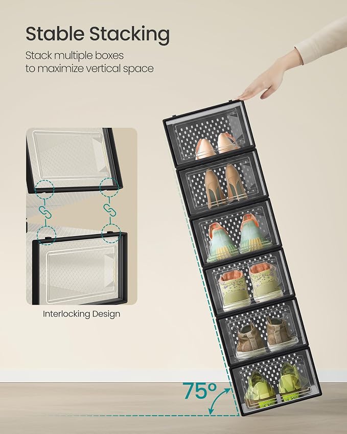 SONGMICS Shoe Boxes, Pack of 18 Shoe Storage Organizers, Stackable Clear Plastic Boxes for Closet, Sneakers, 13.1 x 9.1 x 5.6 Inches, Transparent and Black ULSP18SBKV1 - Image 3