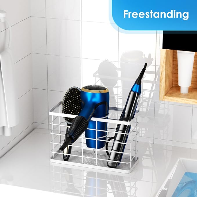 Agotglmi Hair Tool Organizer, Dryer Holder, 3 in 1 Blow Bathroom Organizer Wall Mounted/Cabinet Door for Flat Iron, Curling Straightener, Care & Styling Tools Storage Basket (White) - Image 5