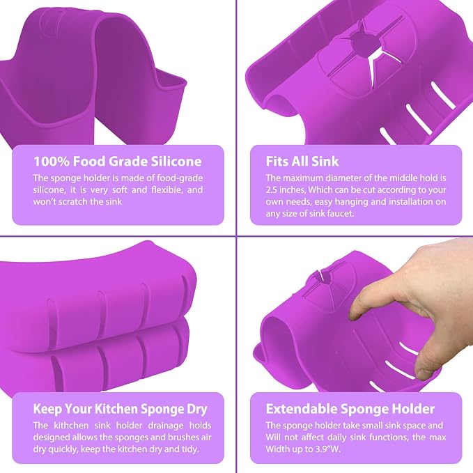 Sponge Holder for Kitchen Sink, Silicone Sink Saddle Caddy Organizer Rack, Sponges Holder Over Faucet, Hanging Kitchen Organizer Accessories Rack Basket Purple - Image 2