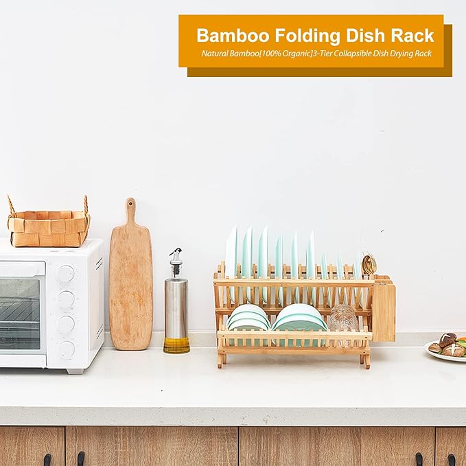 Bamboo Dish Drying Rack, 3-Tier Collapsible Wooden Dish Rack with Utensil Holder, Bamboo Dish Drainer Rack for Kitchen Counter 25pcs | Wooden Dish Drying Rack with Utensil Holder for Kitchen Counter, Large Folding Drying Holder, Dish Drainer - Image 7