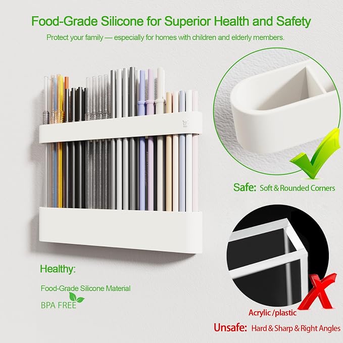 Straw Holder for Cabinet Door, Silicone Straw Organizer for Cabinet Door, Kitchen Cabinet Organizer Reusable Straws Dispenser for Home Kitchen Accessories (White) - Image 2