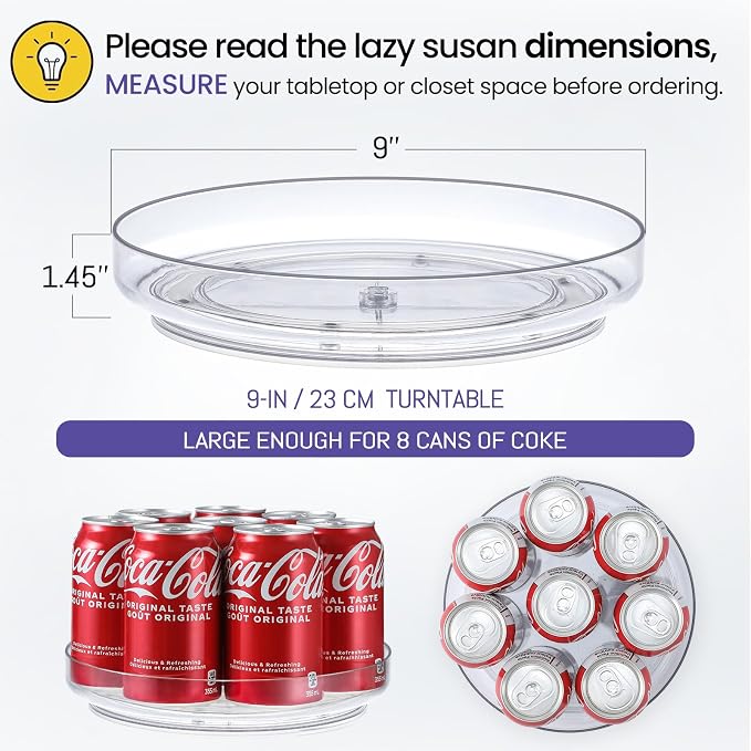 4 Pack 9 Inch Elegant Clear Turntable Acrylic Lazy Susan, Non-Skid Rotating | Smoothly Kitchen Spice Rack, Cabinet Pantry Organization Storage, Refrigerator, Vanity Makeup, Bathroom Countertop Organizer - Image 2