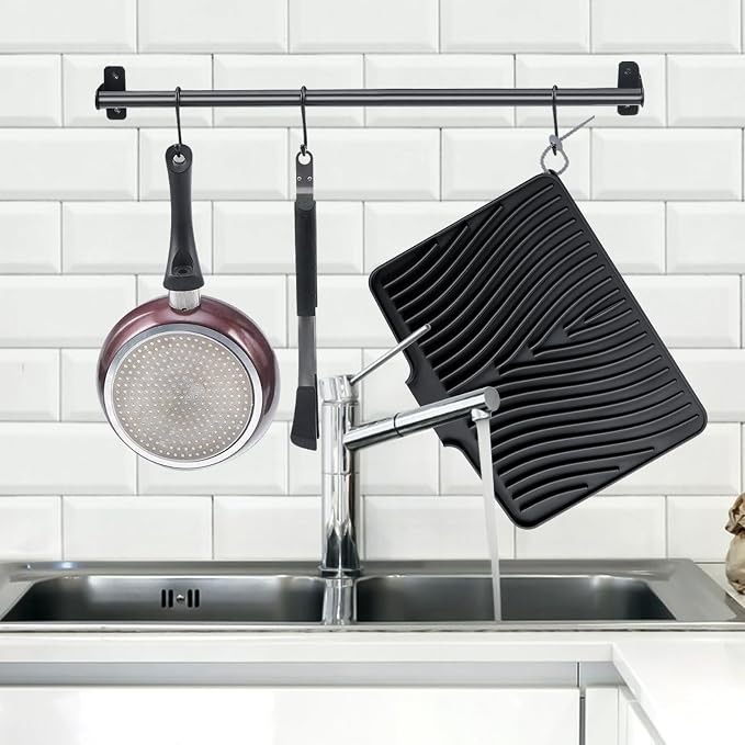 TIKNIK Silicone Dish Drying Mat for Kitchen Counter, Black-2pcs, 16" x 12" | Heat Resistant & Non-Slip Dish Drain Pad with Built-In Drain, Dishwasher Safe, Quick-Dry, Hangable & Roll-Up for Storage - Image 3