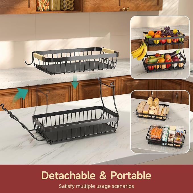 3-Tier Fruit Basket with Banana Hangers, Detachable Metal Bowl | Wooden handle, protective mats included. Versatile holder for bread, snacks, and veggies. Large 3 tier metal design. - Image 4