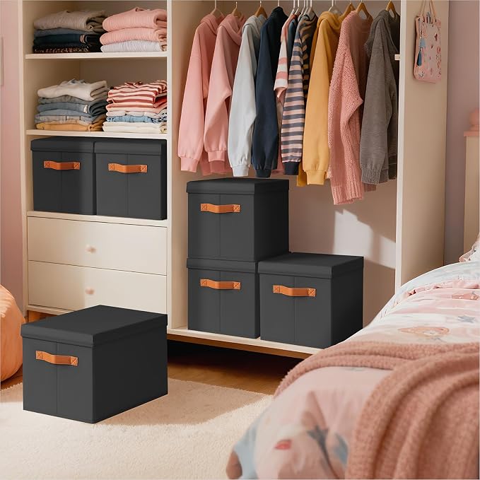 Storage Bins with Lids - Fabric Storage Baskets for Shelves, 4 Pack Foldable Decorative Boxes with Handles, Stackable Organizer Bins for Home, Nursery, Dorm, Black - Image 5