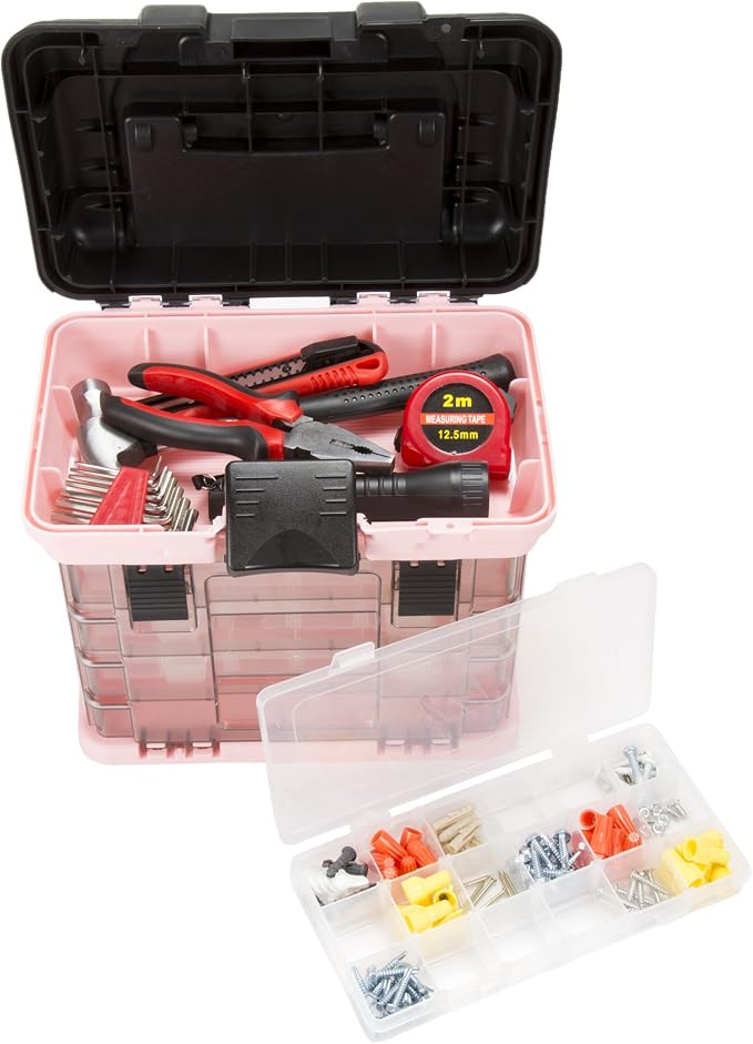 Stalwart Portable Tool Box for Women or Men, Pink, 10 x 7 x 10.5in | Small Parts Organizer with Drawers and Customizable Compartments for Hardware, Fishing Tackle Box, Beads or Crafting Supplies by Stalwart