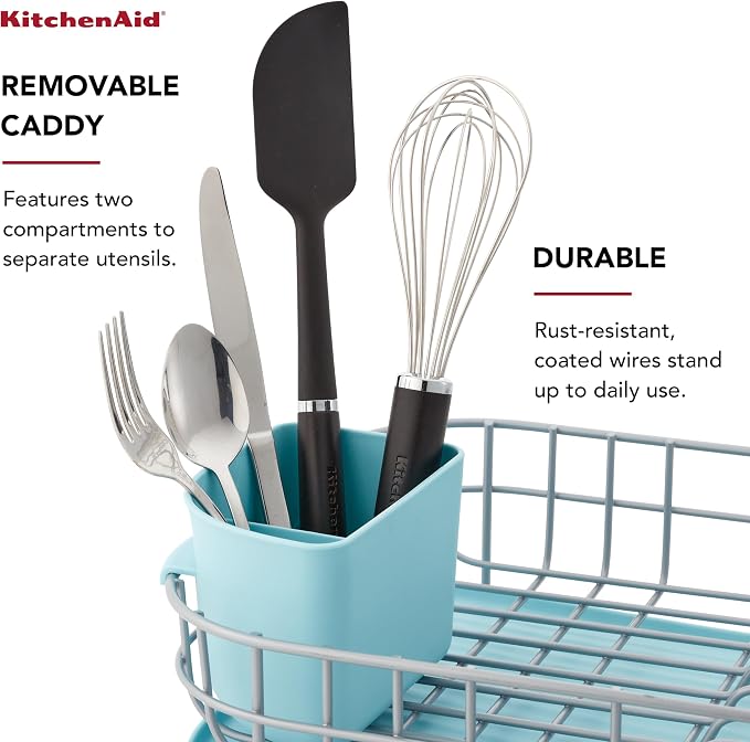 KitchenAid Low Profile Compact Dishrack with Removable Flatware Caddy and Angled Self-Draining Board, Rust Resistant Wires, 12.59 x 17.55 x 6.29 Inch, Mineral Water - Image 4