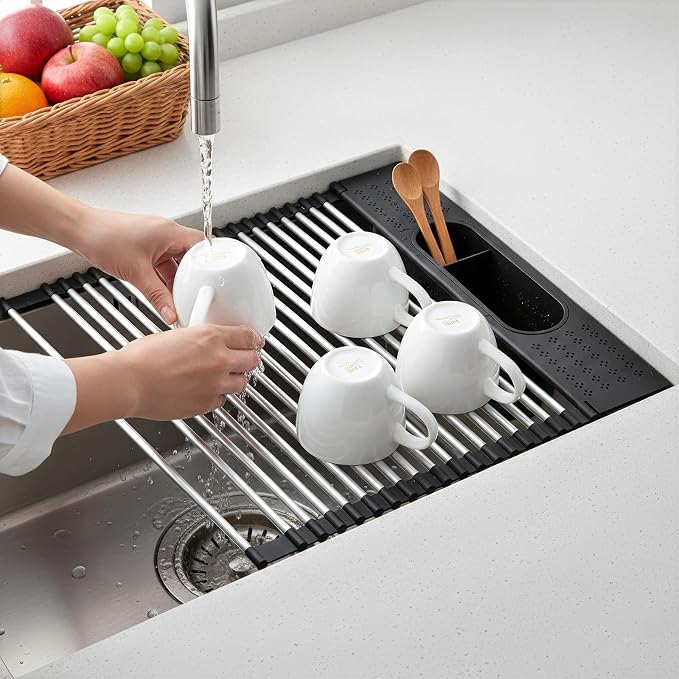 Roll Up Dish Drying Rack Over Sink, 17.5" x 15.2" Foldable SUS304 Stainless Steel Kitchen Dish Drainer, Heat-Resistant Multipurpose Rolling Sink Rack Organizer,Black - Image 5