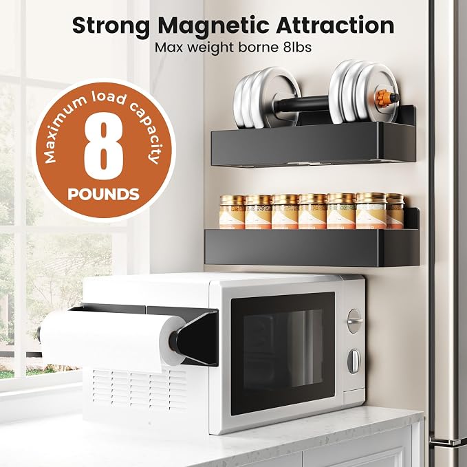 Magnetic Spice Rack for Refrigerator,6 Pack Magnetic Shelf,Fridge Magnet Organizer with Paper Towel Holder,Utensils Racks,Hook Rack,Deepened Basket,Fridge Organizers and Storage Black(6 Pack) - Image 3
