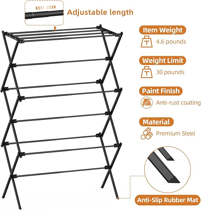 Drying Rack Clothing, 3-Tier Clothes Drying Rack Foldable, Antirust Laundry Drying Rack Collapsible Use for Indoor & Outdoor, 11.8" D x 34.6" W x 35.4" H, Black - Image 3