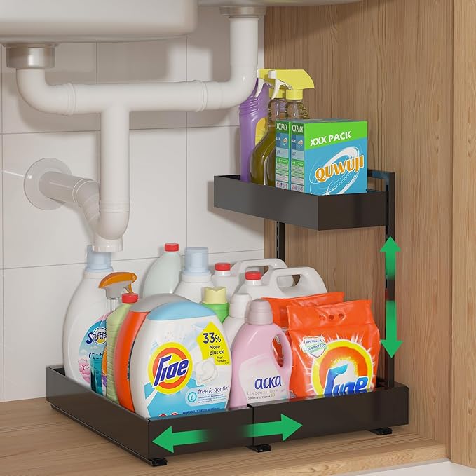 Under Sink Organizer, L-Shaped Pull Out Cabinet Rack for Kitchen | Expandable Width, 6-Level Height, Quiet Sliding Rails, Heavy-Duty Alloy Steel Frame, Pipe Clearance Design for Tight Cabinets by REALINN