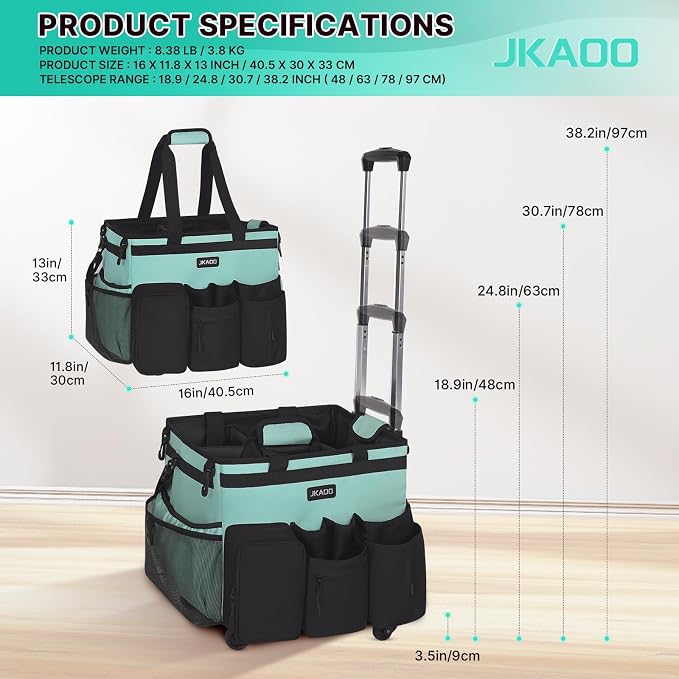 JKAOO Large Rolling Cleaning Caddy Bag with Detachable Trolley, Blue-Green | Waterproof Cleaning Caddy with Wheels, 40L Wheeled Organizer Cart for Supplies, Housekeepers, Home, Office, Car, Picnic - Image 2