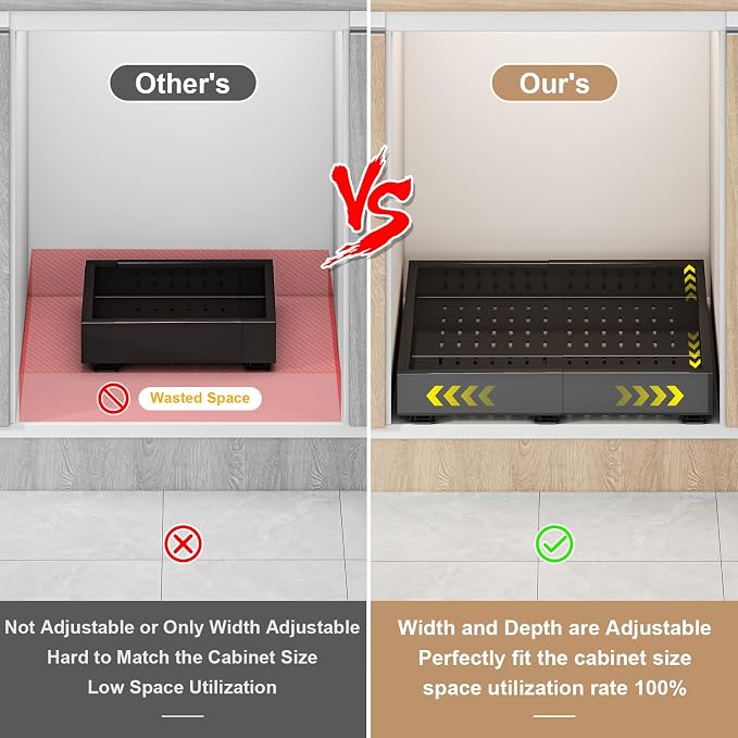 Fokyfok Pull out Cabinet Organizer,11"-16"W,17"-24"D,Expandable,Adhesive | No Drill,3 Rails,Adjustable Slide out Drawers for Kitchen,Pantry,Roll out Shelves,for Cabinets Without Lip,Bathroom,Black,1PC - Image 3