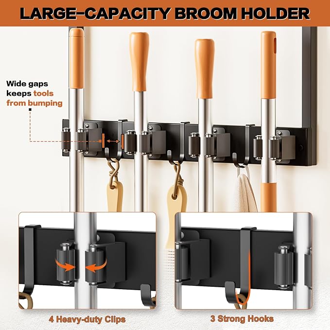 Broom Holder Wall Mount with Cleaning Supplies Organizer, Laundry Room Organization and Storage Shelves, Mop Hanger Broom Rack with Hooks, Home Improvement Kitchen Shelf Garage Organizer - Image 3