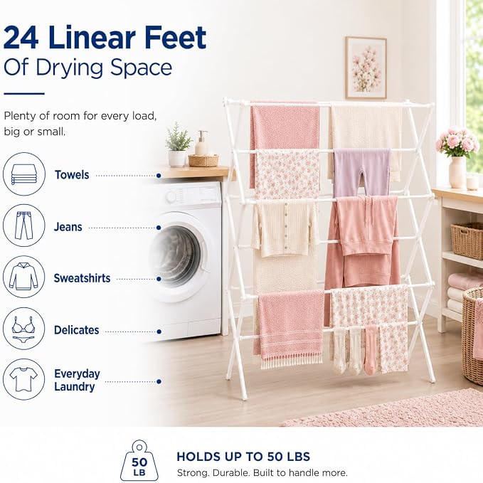 Honey-Can-Do Oversized Clothes Drying Rack, Extra-Wide 35", 50 lb, White | Fits family-size loads of towels, jeans & hoodies; rust-resistant coated steel; folds flat; indoor/outdoor; energy-saving - Image 3