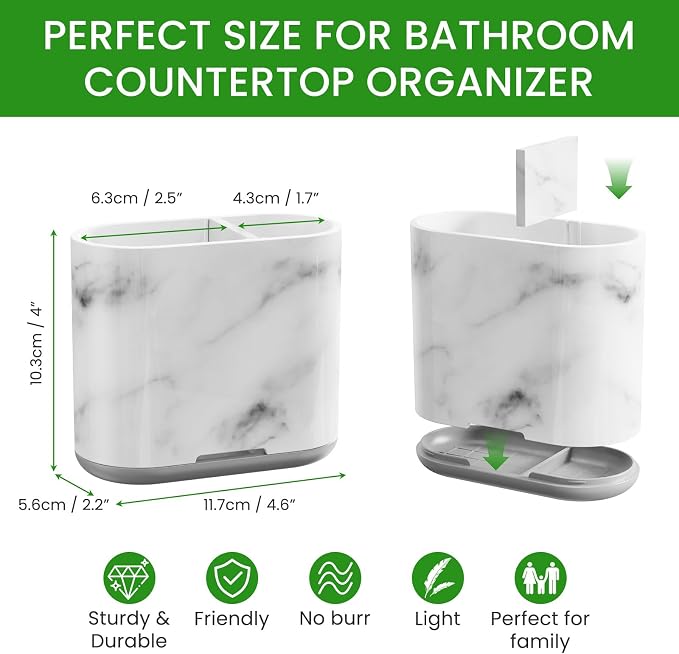 Toothbrush Holders for Bathrooms, Marble, Small, Bathroom Accessories | 2 Slots, Easy to Clean, Plastic, Kids Electric Toothbrush, Drainage, Removable, For Bathroom, Vanity, Kitchen Sink, Office - Image 4