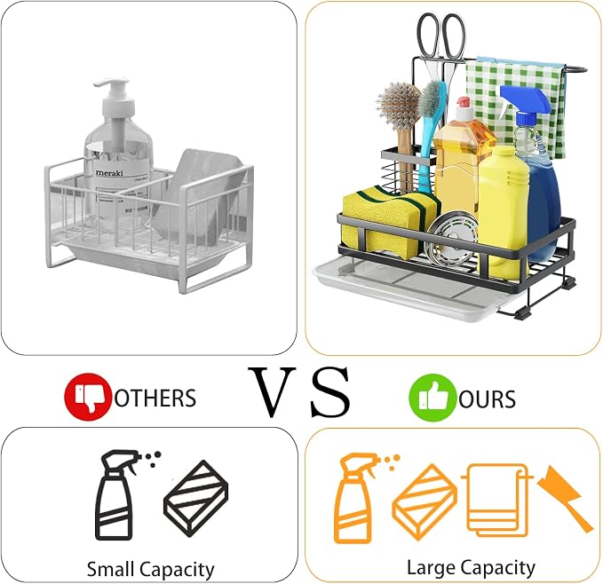 Kitchen Sink Organizer with Brush Rack - Sink Caddy with Drain-Pan | Stainless Steel Sponge Holder for Kitchen Sink with Towel Rack, Organizer for Dish Soap Dispenser, 10.5"L × 5.9"W × 10.5"H - Image 3
