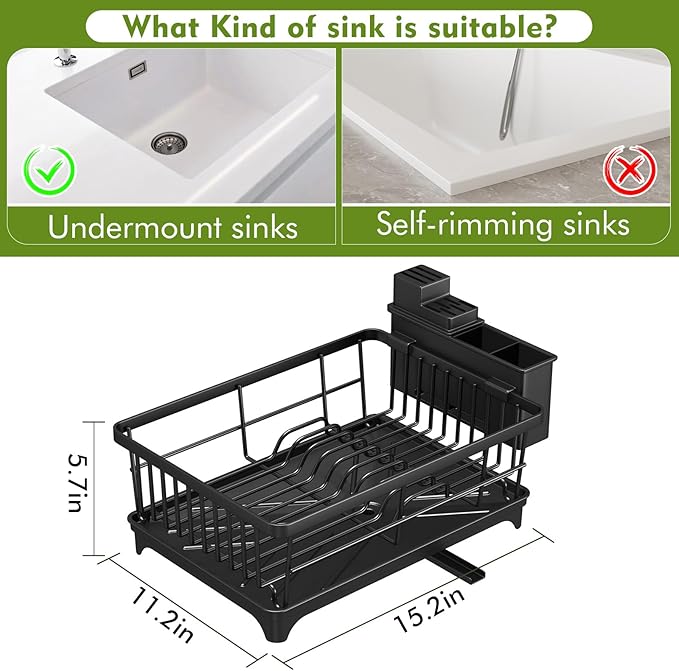 Kmiectse Dish Drying Rack for Small Kitchen Counter with Utensil Holder | Space Saving, Rust Resistant, Quick Drainage Dish Rack, Compact Dish Drainer Organizer for Home Kitchen, Black - Image 2