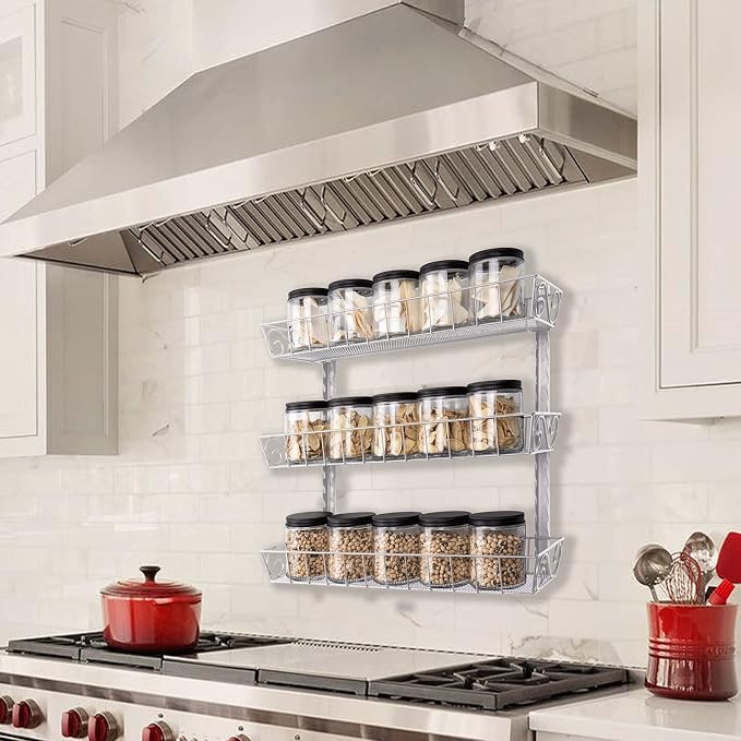 SWOMMOLY Wall Mount Spice Rack Organizer, 3-Tier Adjustable Dual-Use Shelf | Hanging Spice Rack Organizer, Kitchen Pantry Cabinet Storage Holder for Spices, Mason Jars, Bottles & Cans, Silver - Image 4