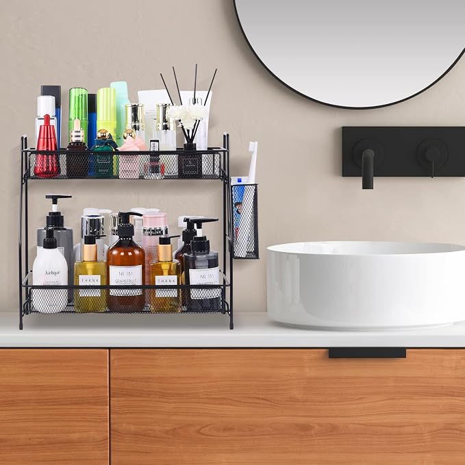 Large Countertop Organizer for Bathroom Counter, Bathroom Organizers and Storage, Under Sink Organizer Spice Rack Organizer for Kitchen with Basket(Black) - Image 5