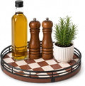 AMH 9-Inch Brown Checkerboard Lazy Susan Organizer with Black Metal Rail | Smooth rotating oak tray with walnut finish for dining tables, kitchen counters, pantries and cabinet storage. by AMH