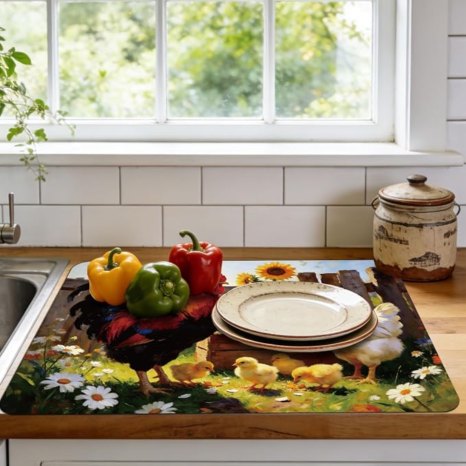3 Pcs 2 Size Kitchen Sink Splash Guard Faucet Mat Farm Chicken Pattern Faucet Mats for Sinks Chicken Pattern Absorbing Drying Mat for Kitchen Bathroom - Image 5