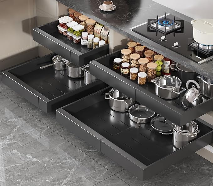 Seinloes 4 Pack Pull Out Cabinet Organizer 21" Deep,Full Extension 3 Slide Rails Slide Out Drawers With Raising Pad for Framed Cabinets,Expandable Width (15.4"-26.2"),No Drill Roll Out Shelves,Black by Seinloes