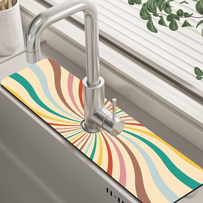 Groovy Retro Swirl Kitchen Sink Splash Guard Mat Absorbent Fast Drying Mat Faucet Draining Mat Sink Splash Guard Behind Faucet Drip Catcher for Kitchen Bathroom 5.5"×24" by Unknown
