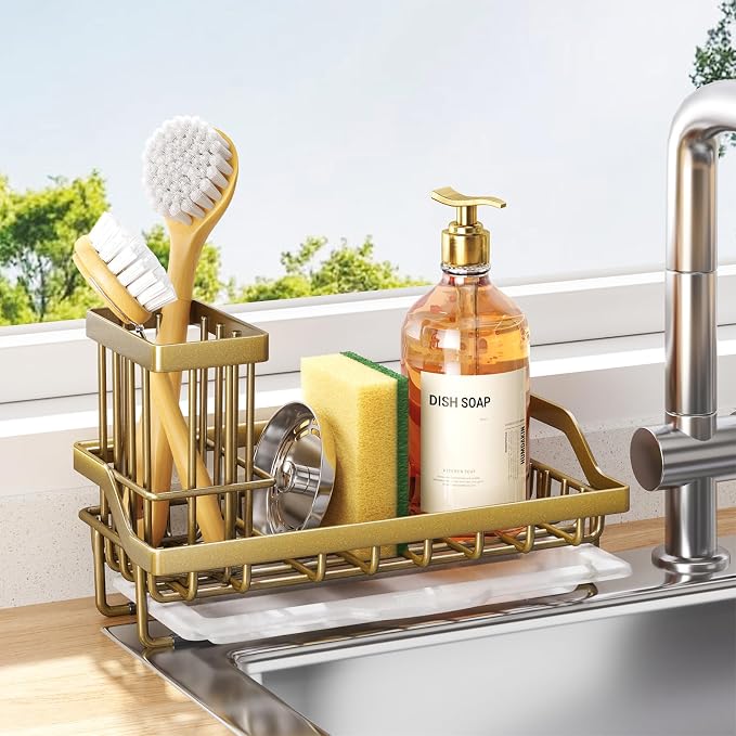 Consumest Sponge Holder for Kitchen Sink - Sink Caddy with Dish Brush Holder, Stainless Steel Kitchen Organizer with Drip Tray for Countertop, Darker Gold by Consumest