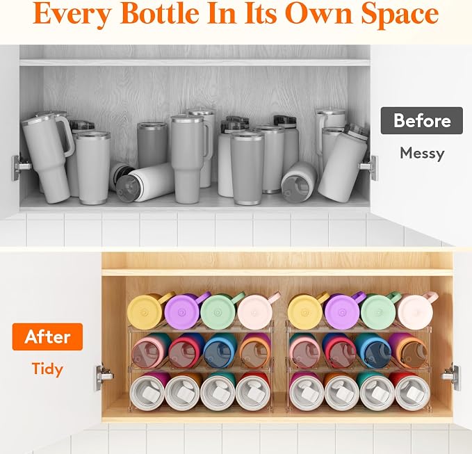 Lifewit Stackable Bottle Storage Organizer, Clear Freestanding Wine Holder for Cabinet, Large Slot Water Bottle Tumbler Cup Organizer for Pantry, Plastic Wine Rack for Fridge Cellar, 3Tier Hold 12 - Image 8