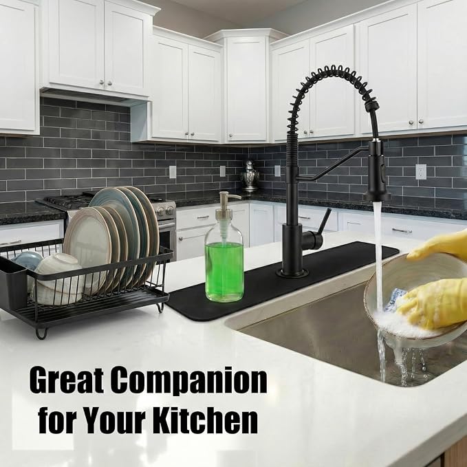 33 Lx5.5 W Long Kitchen Sink Faucet Mat: Customizable Black Splash Guard with Pre-Cut Center Hole for Large Double bowl Sink, DIY to Fits irregular & 2, 3, 4 hole sinks with Soap Dispenser & Air Gap - Image 4