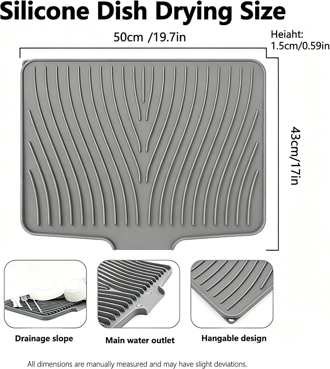 Silicone Dish Drying Mat,19.7"*17"Dish Drying Pad,Kitchen Accessories,with Built-In and Non-Slip Drain,Easy Clean, Fit for Kitchen, Bar, RV, Refrigerator and Drawer Liner, Grey - Image 2