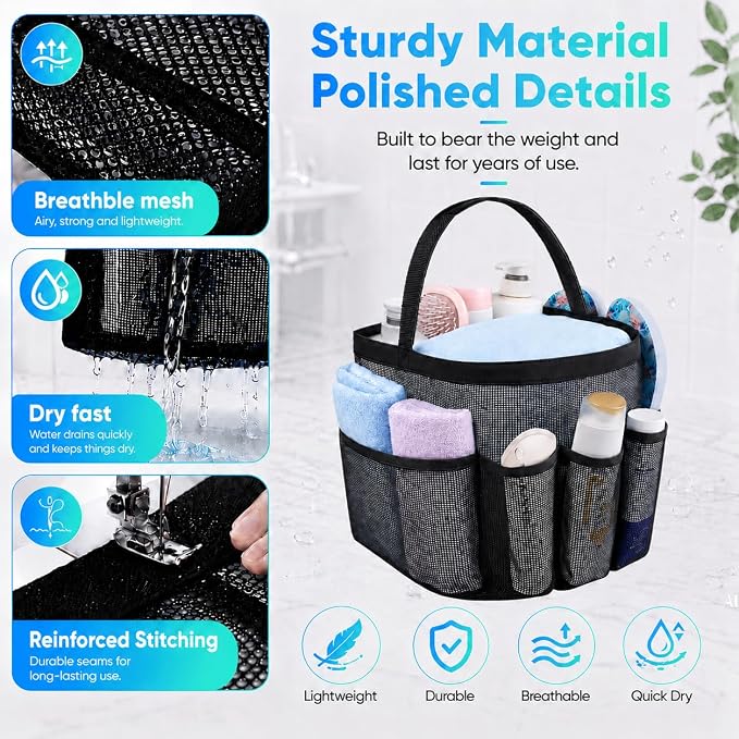 Mesh Shower Caddy Portable - 9 Pockets for College Dorm Room Essential | Large Capacity Mesh Shower Caddy with 9 Pockets, Portable Hanging Toiletry Bag for College Dorm, Gym, Camping and Beach - Image 2