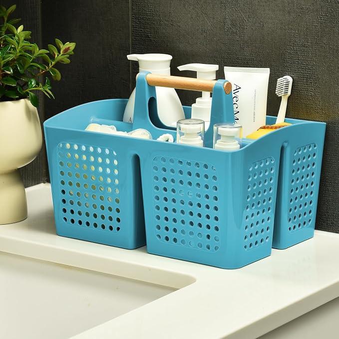 Portable Shower Caddy Basket with 3 Compartments and Handle, Teal | Plastic Divided Toiletry Caddy for Pools, Gyms, Beaches, Campgrounds, RVs, Travel and Shared Bathrooms - Image 3