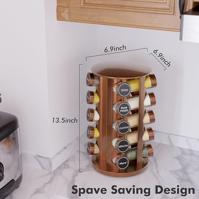 Revolving Spice Rack Set with 20 Spice Jars, Kitchen Spice Tower Organizer for Countertop or Cabinet - Carousel Storage Includes 386 Spice Labels (Gold) - Image 4