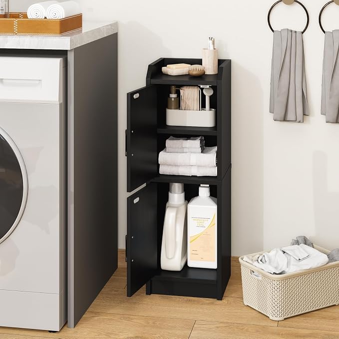 Narrow Bathroom Storage Cabinet with 2 Doors and Shelves, 9.8" W Small Storage Cabinet for Toilet Paper Storage, Slim Cabinet for Small Spaces, Bathroom, Kitchen, 9.8" W × 7.9" D × 29.5" H, Black - Image 5