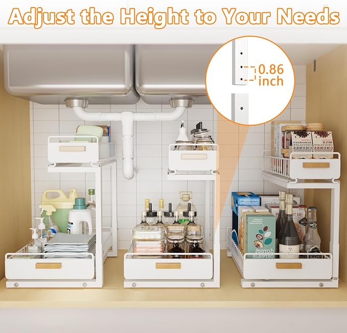 2 Pack Under Sink Organizer with Ball Bearing Sliding Drawer, Heavy Duty Pull Out Cabinet Organizer, 2 Tier Adjustable Storage Rack for Kitchen Bathroom, Space Saving Design, White - Image 3