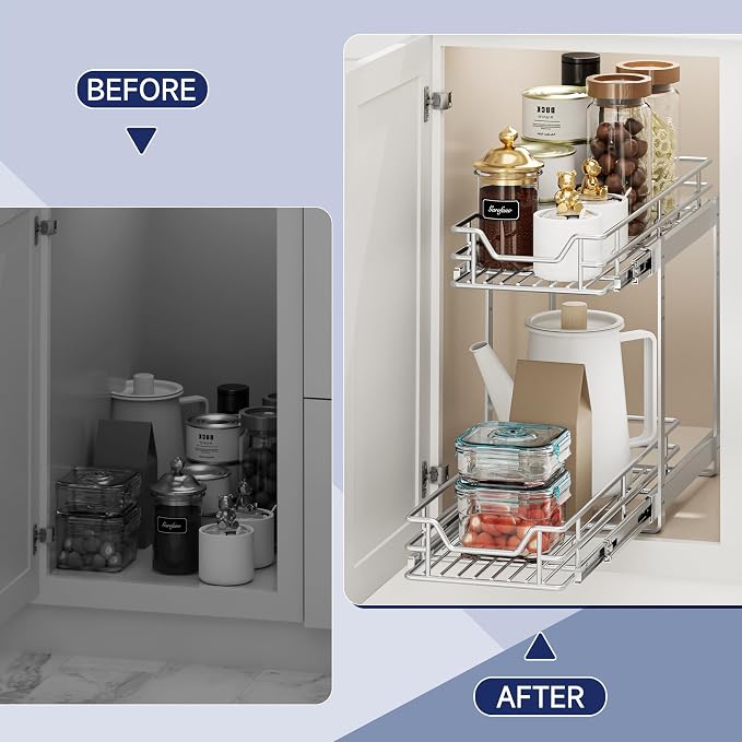 2-Tier Pull Out Cabinet Organizer, 7.5" W x 21.5" D, Heavy Duty Dual Slide Out Shelves for Narrow Base Cabinets, Chrome Wire Basket Drawer for Spices, Bottles & Snacks - Image 7