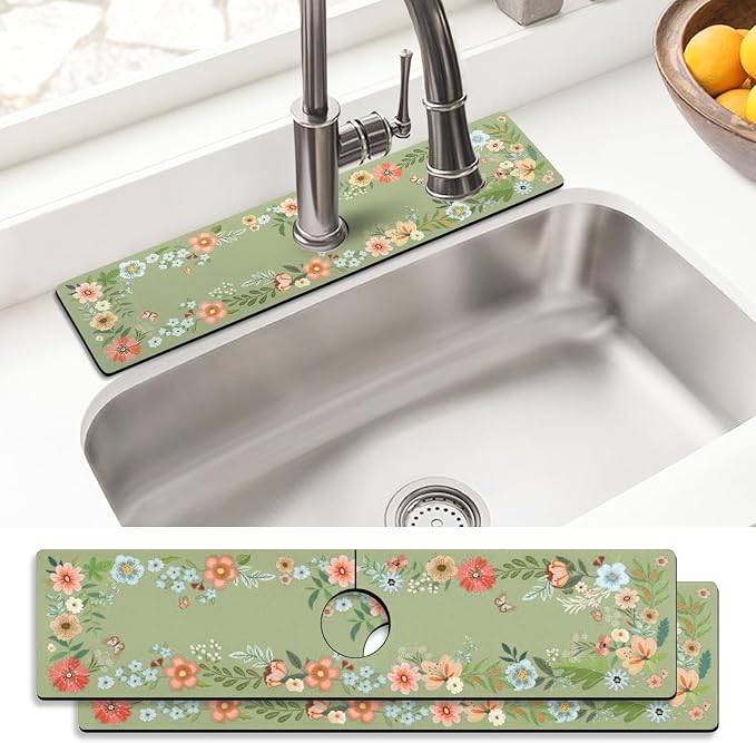 Sink Faucet Absorbing Mat, 2 Pack Drying Mat Around Faucet Sink Splash Guard Behind Faucet Sinkmat For Kitchen Bathroom Island Rv 24 * 5.5 Inch (60 * 14 cm) by BathtubMat
