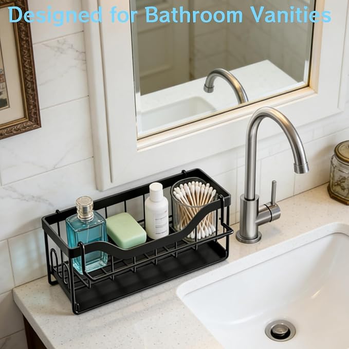 Sponge Holder for Kitchen Sink - Sink Caddy Organizer with Auto Drain Tray, Detachable Towel Rack, Stainless Steel Kitchen Counter Organizer Rack, Black - Image 6