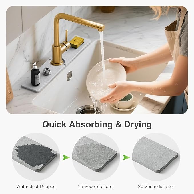 Premium Stone Faucet Mat for Kitchen Sink, 20" x 4" Light Gray | Quick Drying & Water Absorbent, Sink Splash Guard Tray for Prevents Moisture Buildup - Image 3