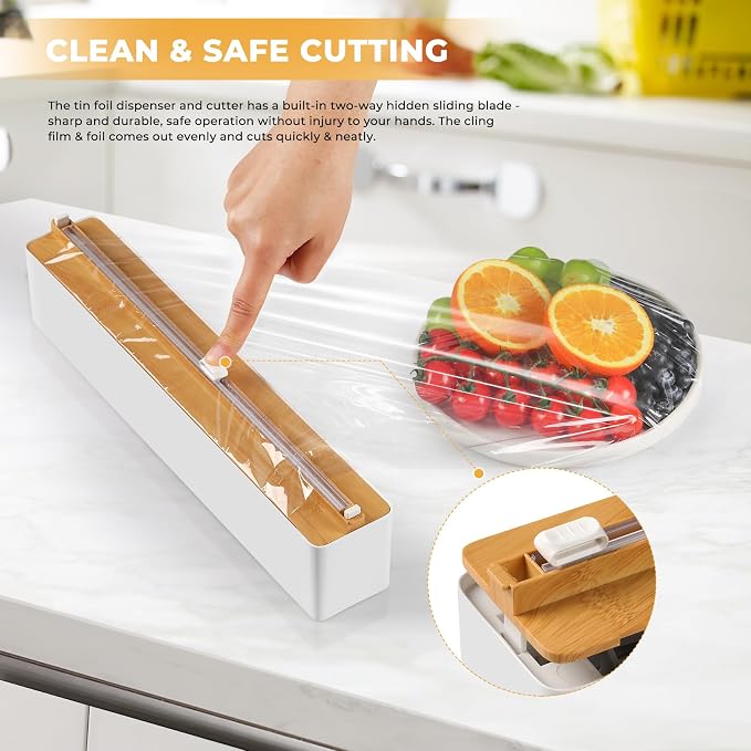 Magnetic Plastic Wrap Dispenser with Cutter - Quasziwa Upgrade Practical Refillable Cling Wrap Aluminum Tin Foil Organizer for Drawer, Include an Extra Roll of 12"X 164' Food Cling Film - Wood Grain - Image 2
