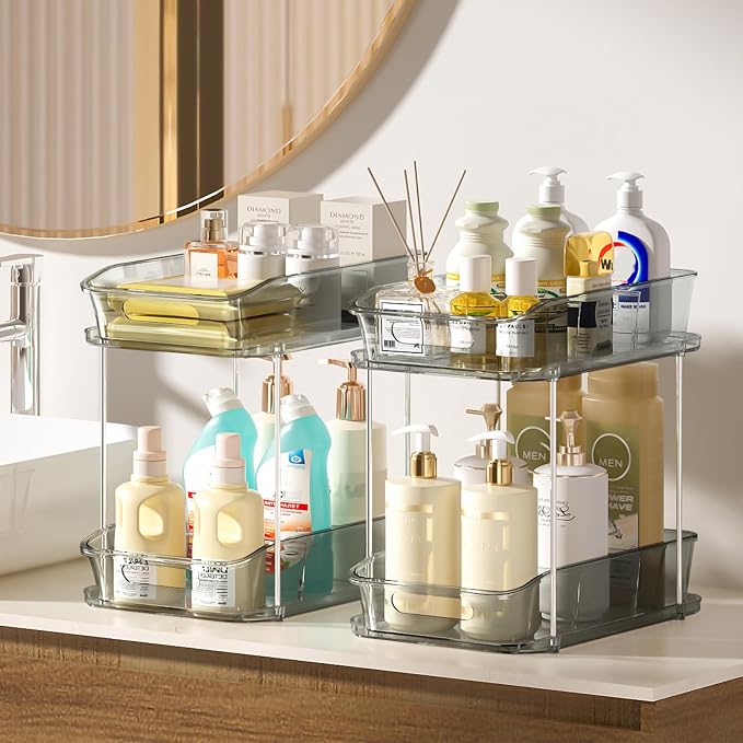 Delamu 2-Tier Under Sink Organizers and Storage, Multi-Purpose Stackable Bathroom Cabinet organizers, Pull Out Kitchen Pantry Organization and Storage with Dividers(3 Pack, Grey) - Image 6