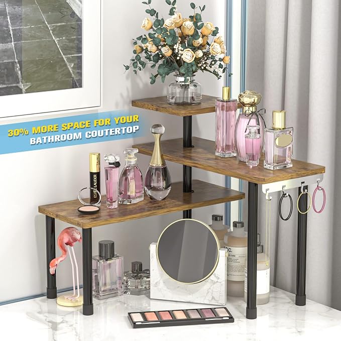 JayRex Kitchen Countertop Organizer 3-Tier Corner Shelf, Rustic Brown | Space-saving corner design organizes spices, skincare and toiletries on kitchen and bathroom counters. - Image 5