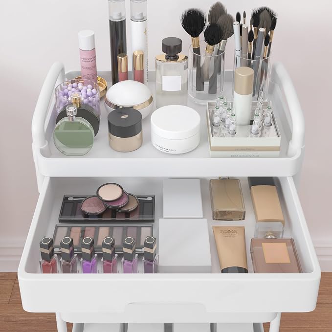 Calmootey 5-Tier Utility Cart with Drawer & Wheels, Storage for Home,Office | Space-Saving Organizer, Sturdy Plastic Shelves, Smooth-Rolling Metal Wheels, Built-in Drawer for Small Items, White - Image 8