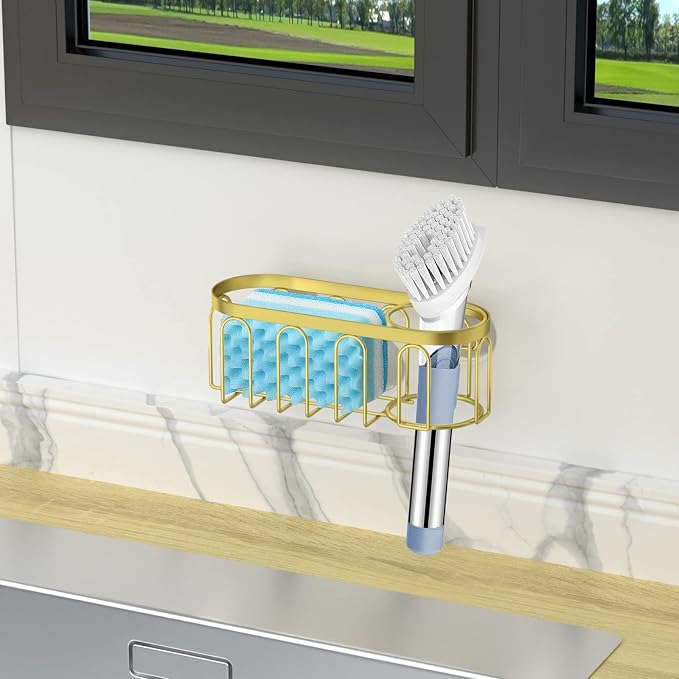 2-in-1 Sponge Holder for Kitchen Sink, Sink Caddy Kitchen Sink Organizer with 3 Suction Cups, No Drill Rustproof Sink Sponge Holder for Dish Brush, Soap & Sponge (Gold) - Image 8