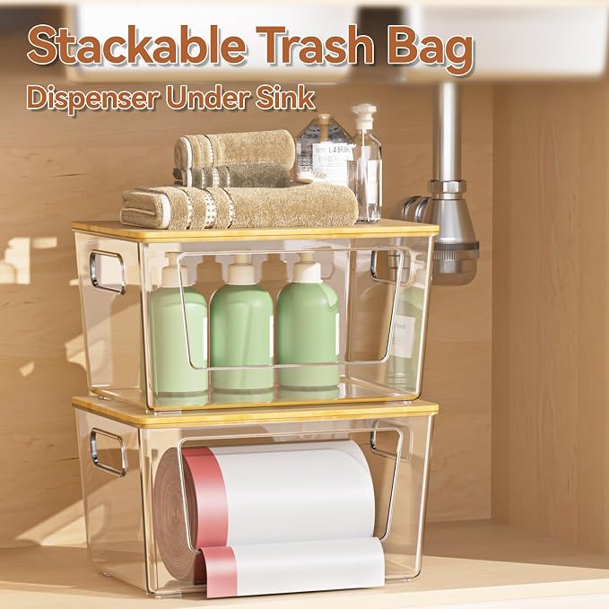 spospo 4 Pack Trash Bag Holder with Bamboo Lid Stackable Trashbag Dispenser | Extra Large Garbage Bag Holder for Kitchen Laundry Room Under Sink Organization and Storage - Image 6