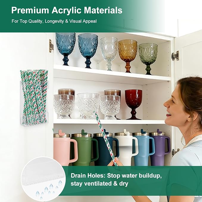 2 PACK Small Acrylic Straw Holder for Cabinet Doors，Straw Organizer Storage with Most Sizes，Multi-Function Kitchen Accessories Container with Adhesive Round Pads(Transparent) - Image 3