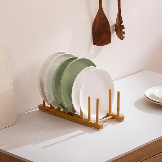 HBlife 2-Pack Bamboo Wooden Dish Rack Plate Holder Kitchen Organizer 7-Slot | Space-Saving Vertical Organizer, For Plates, Cups, Pots, Lids, Bowls & Cutting Boards, Kitchen Cabinet & Counter Storage - Image 4